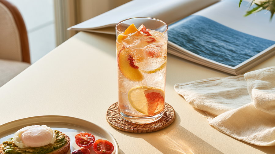 Glass of sparkling water with slices of lemon and grapefruit, plate with avocado toast and cherry tomatoes, an open book, and a cloth on a beige table near a window