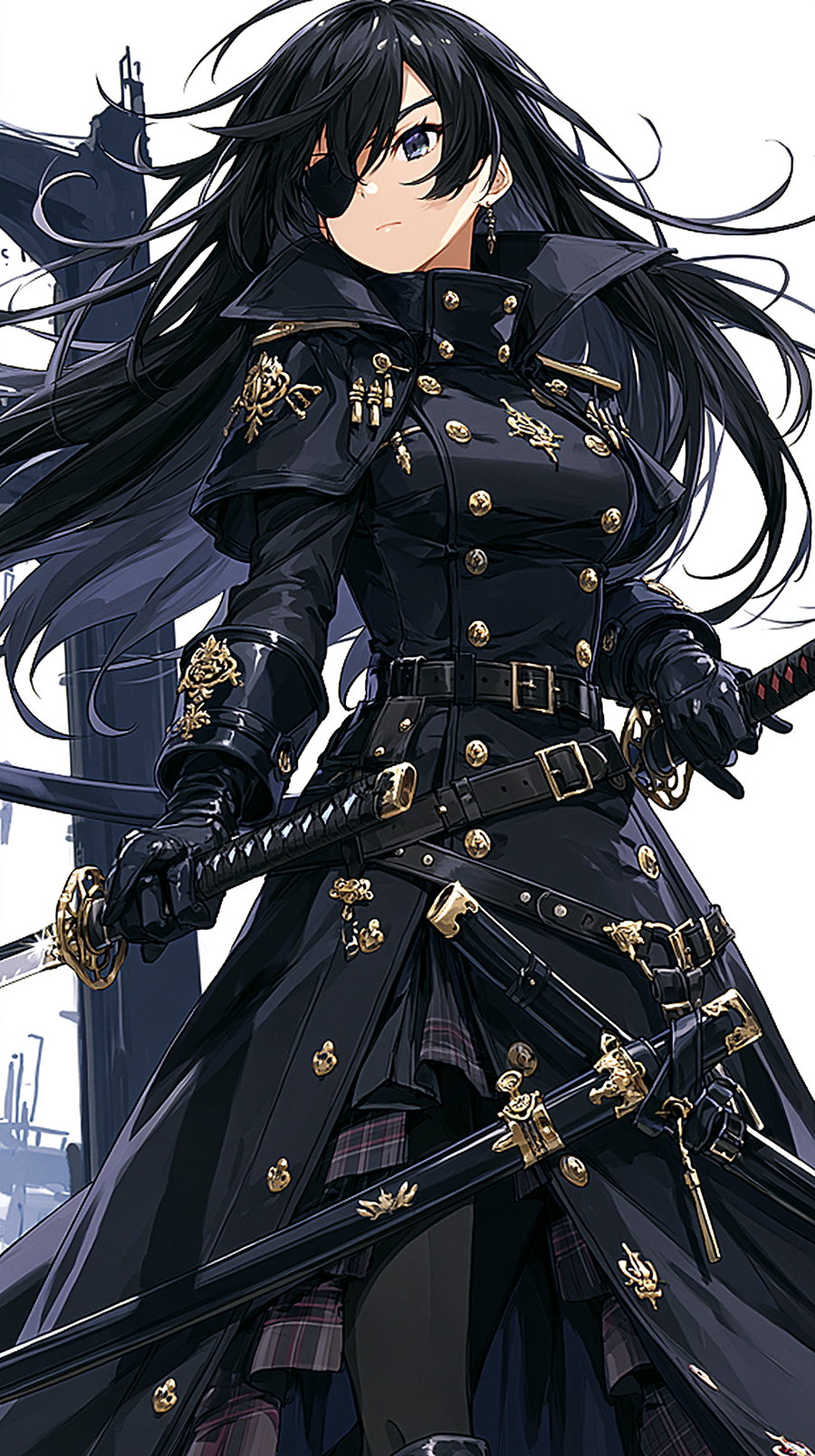 Anime-style woman with long black hair and eyepatch, wearing a decorated black military coat with gold buttons, holding a katana sword with another sword sheathed at her side against a light background