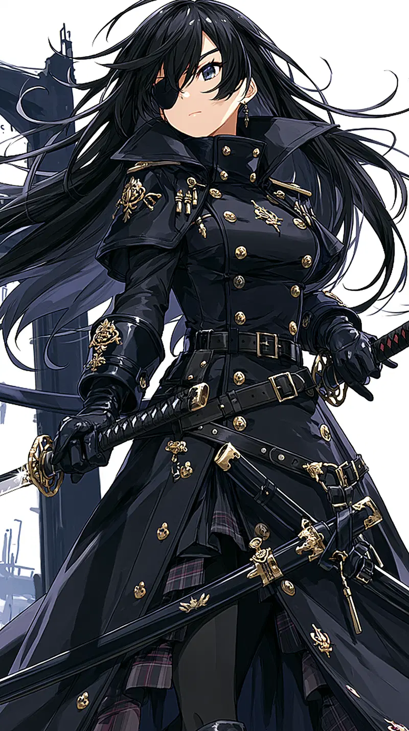 Strong female character in detailed black military coat wielding katana sword