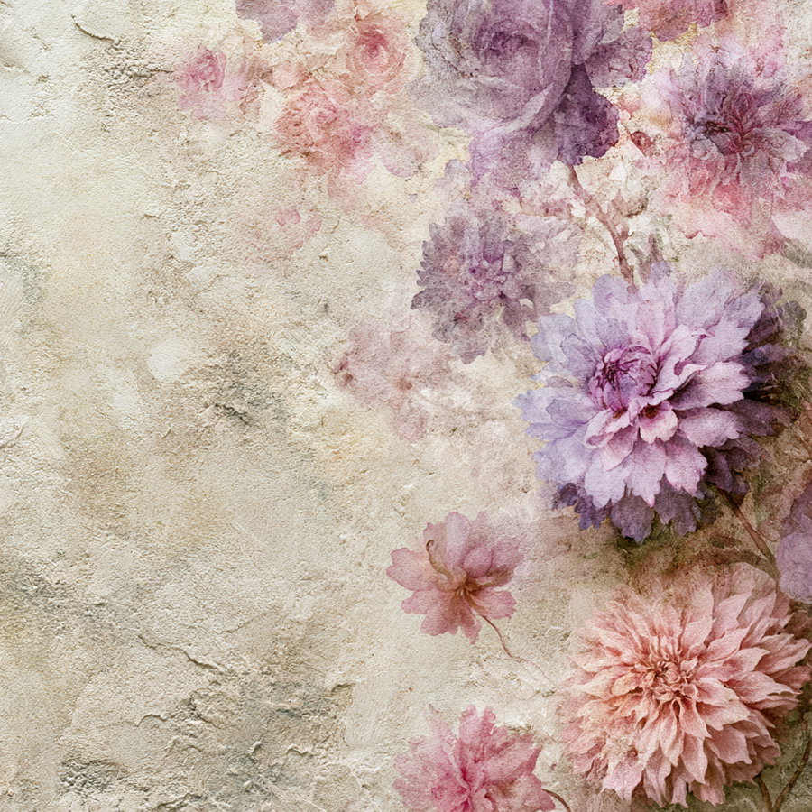 Artwork depicting soft purple, pink, and peach flowers including roses and dahlias against a rough textured beige background