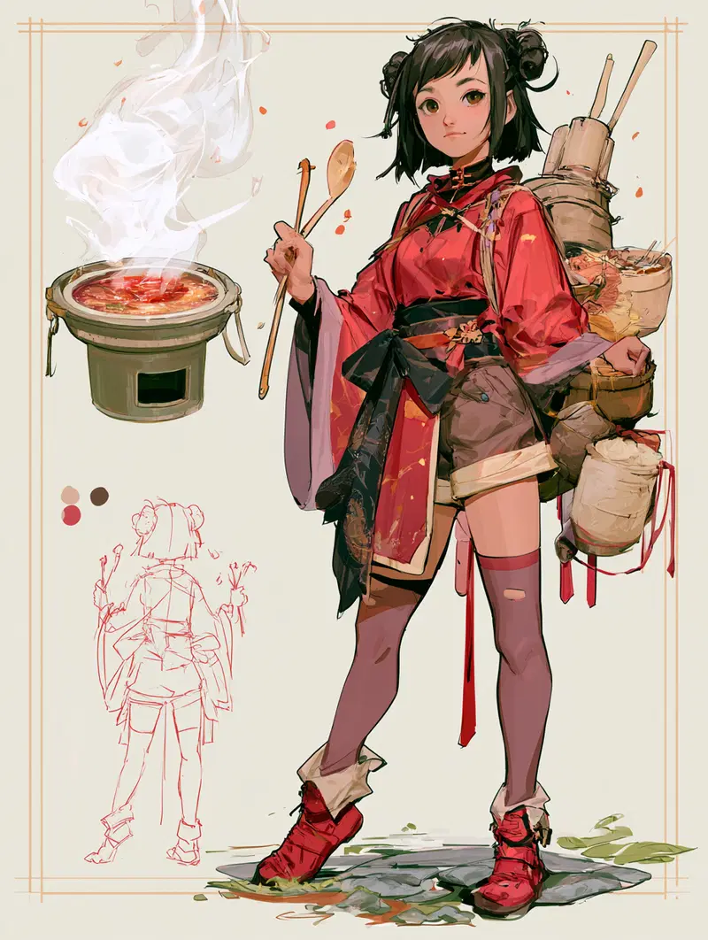 Stylized character wearing traditional-inspired outfit with cooking utensils