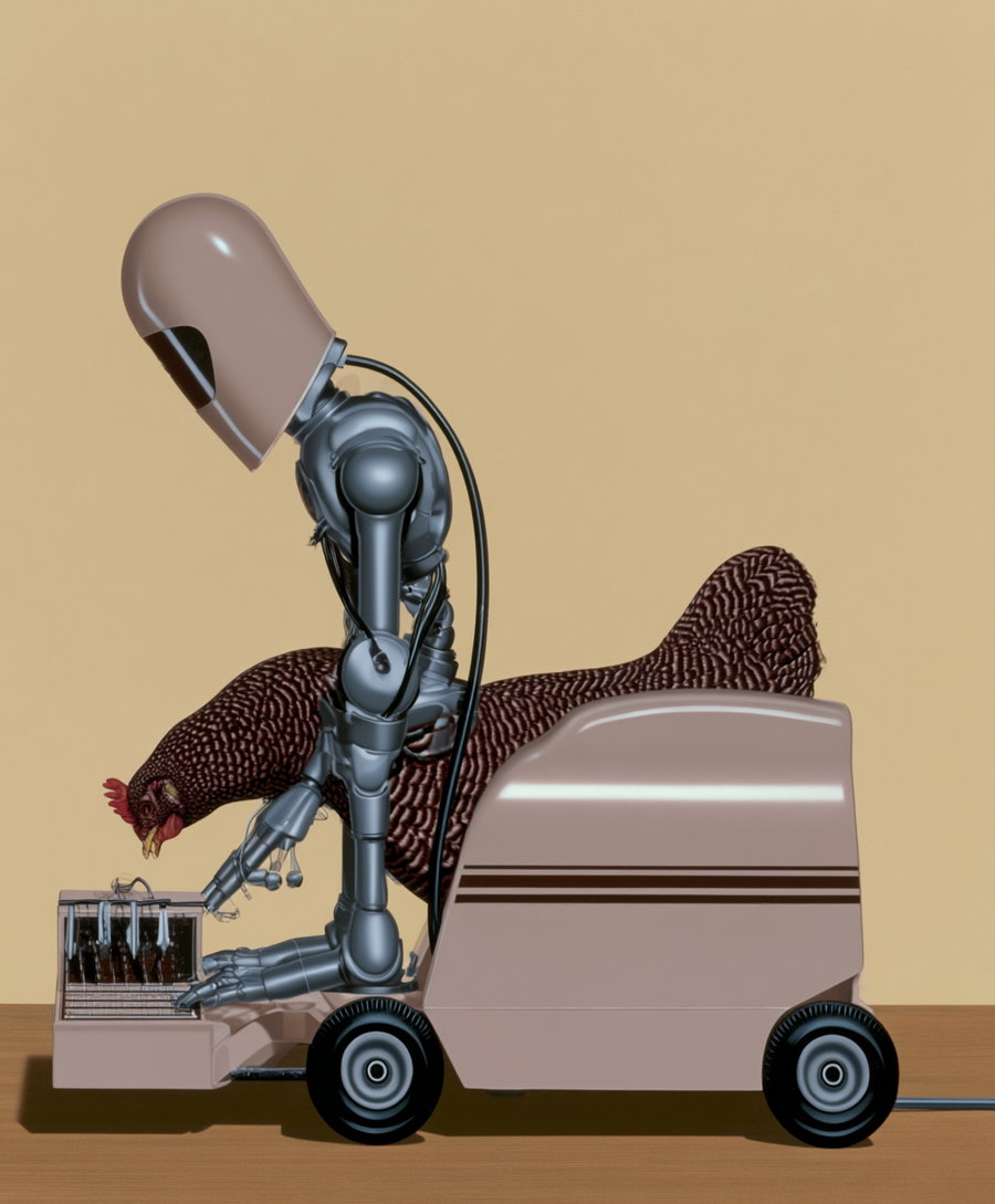 A shiny metallic robot with a rounded helmet head is seated on a beige machine with wheels, alongside a dark speckled chicken pecking at a small device on the machine, set against a plain beige background.