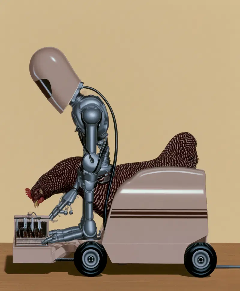 A surreal scene of a humanoid robot combined with a chicken operating a retro machine