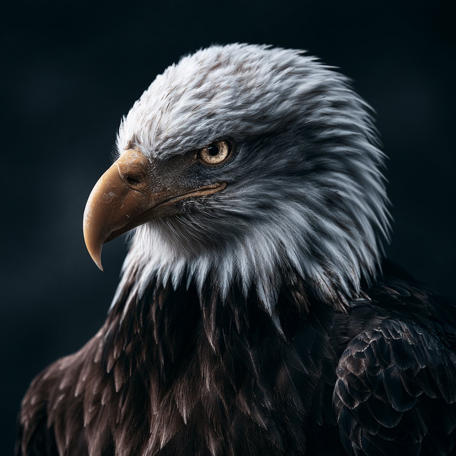 A close-up image of a bald eagle showing its white feathered head, sharp yellow beak, piercing eye, and dark brown feathers on its neck and body against a dark background