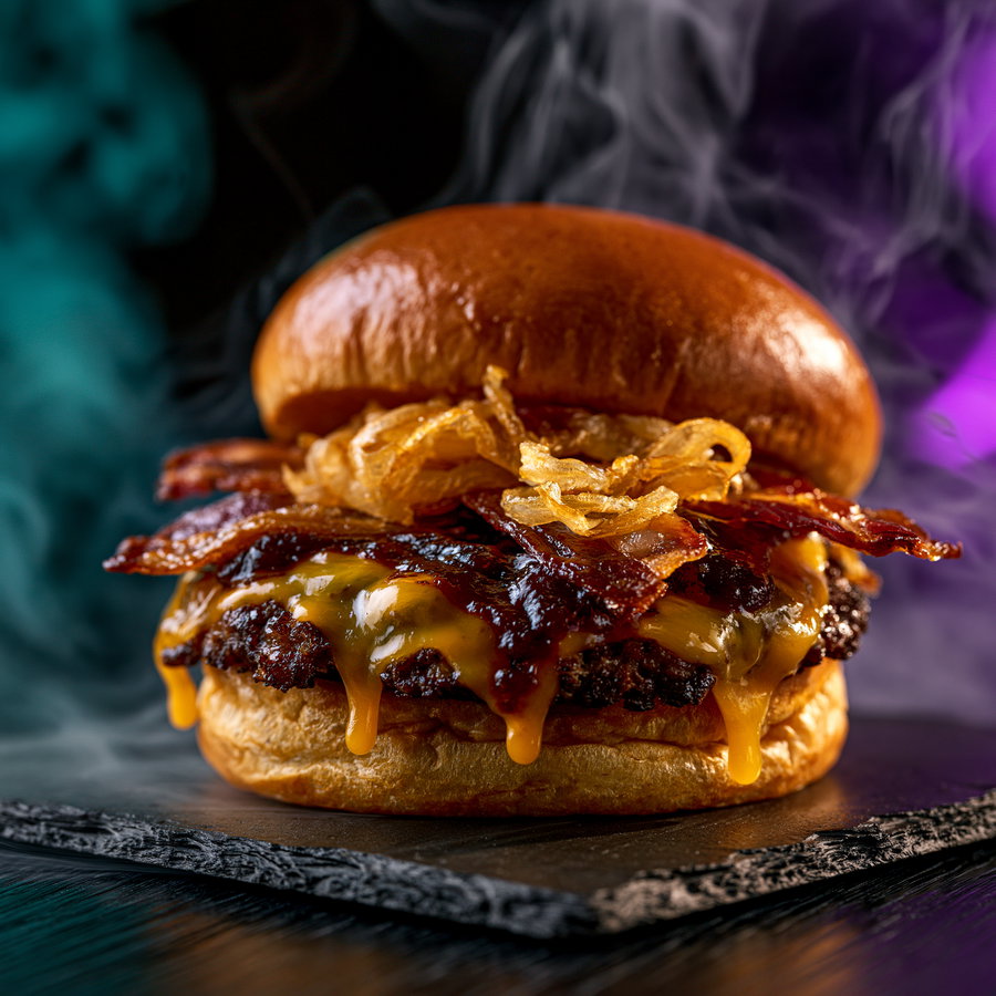 A cheeseburger with melted cheese, crispy bacon, and fried onions inside a shiny bun on a dark textured surface with colored smoke in the background