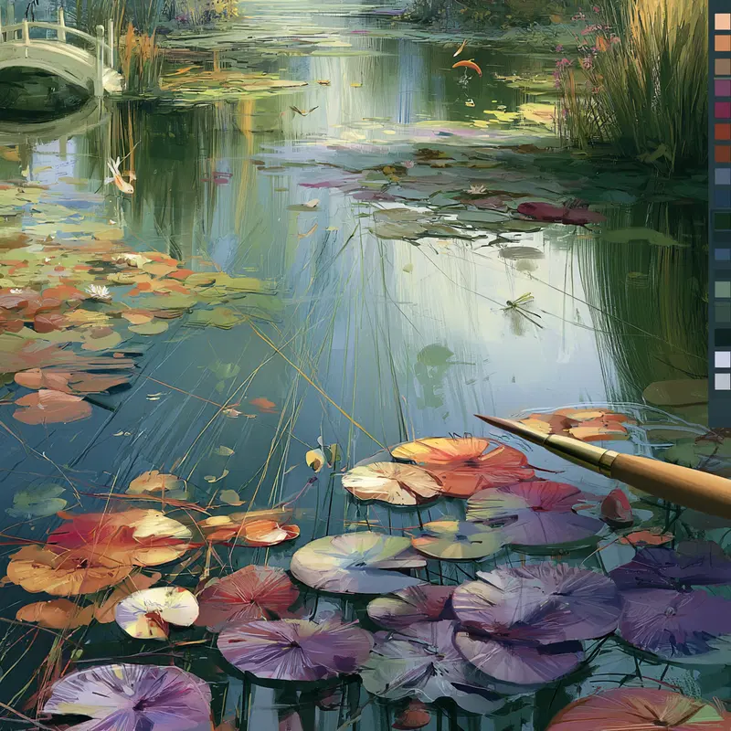 Painterly depiction of a serene pond with colorful lily pads and a white bridge