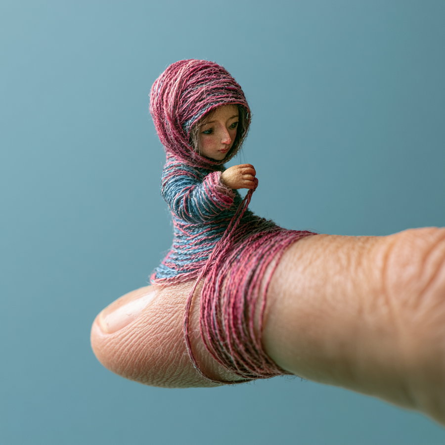 Close-up of a tiny figurine of a person wrapped in pink and blue yarn, sitting on a human finger against a plain blue background.