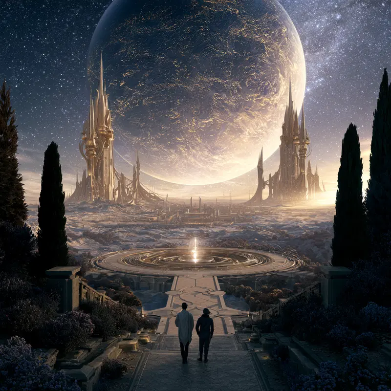 Two figures walk towards a city with towering fantastical architecture under a giant glowing celestial body