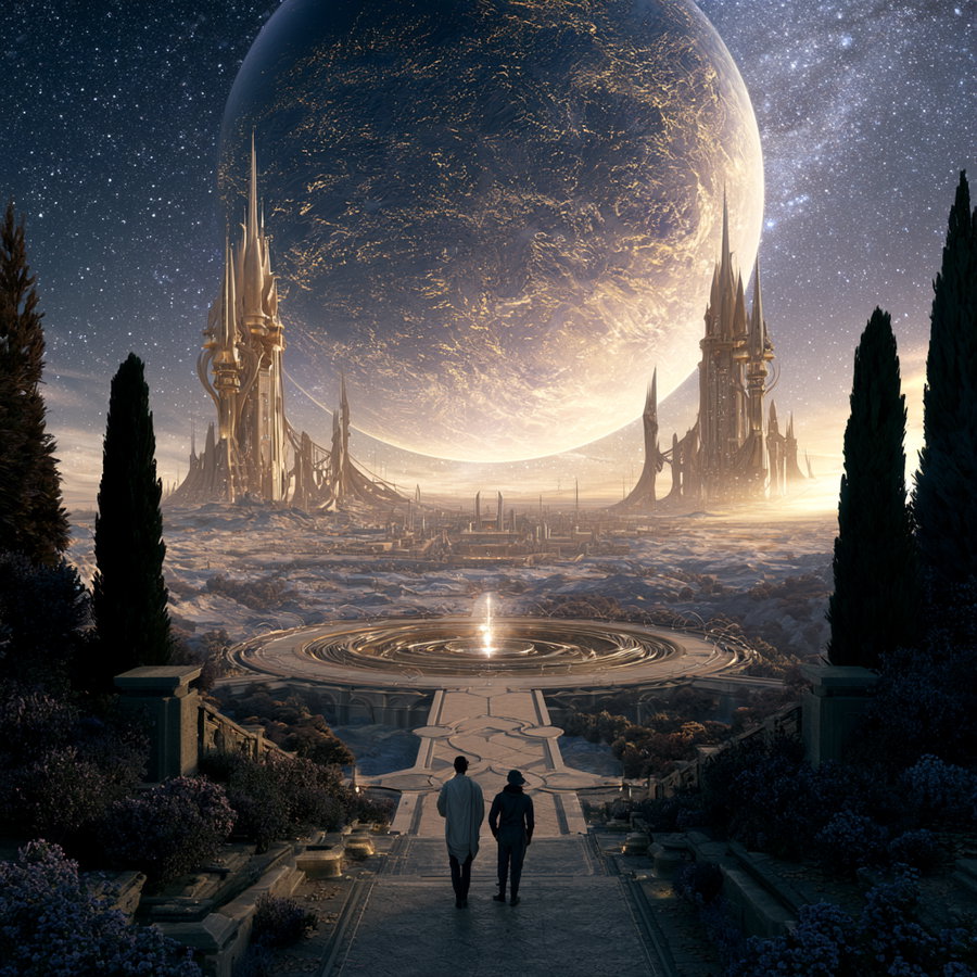 Two people walking on a stone pathway surrounded by foliage, approaching a vast alien city with tall, elaborate spires and a massive luminous planet in the sky