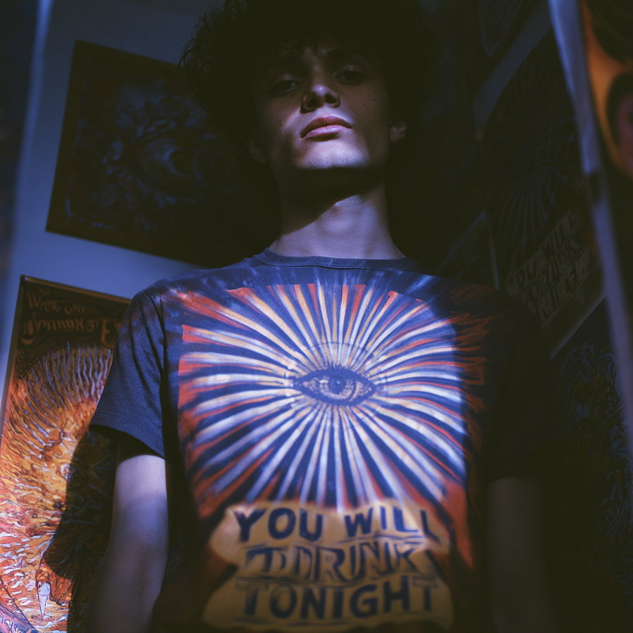 Portrait of a person with shadowed face wearing a dark t-shirt featuring an eye graphic and the text 'You Will Drink Tonight' in a dimly lit room with posters in the background