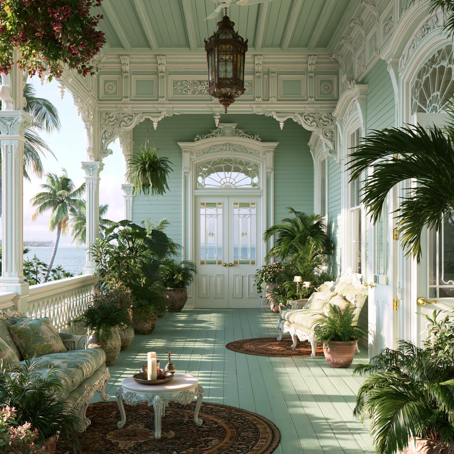 A sunlit vintage porch painted in pale green with ornate carvings, decorated with potted tropical plants, vintage seating with cushions, round rugs, and a large hanging lantern, overlooking a calm sea and palm trees.