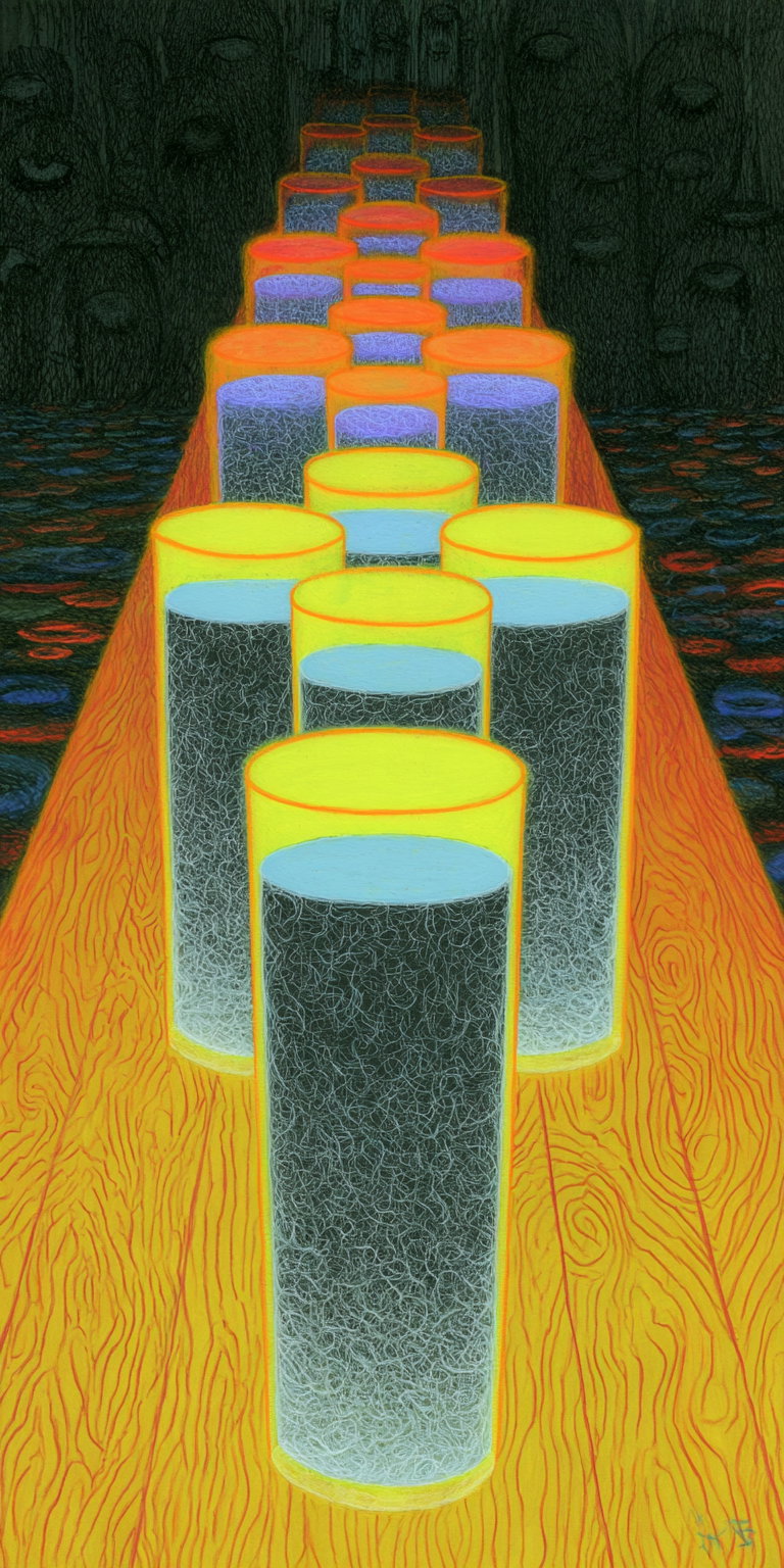 A surreal digital painting depicting numerous vertically aligned cylinders with glowing yellow rims over a textured wooden surface, with intricate patterns and a dark background.