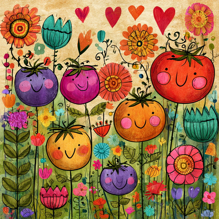 Illustration of various smiling flowers and fruits with faces, surrounded by bright and colorful other flowers and greenery on a textured beige background.