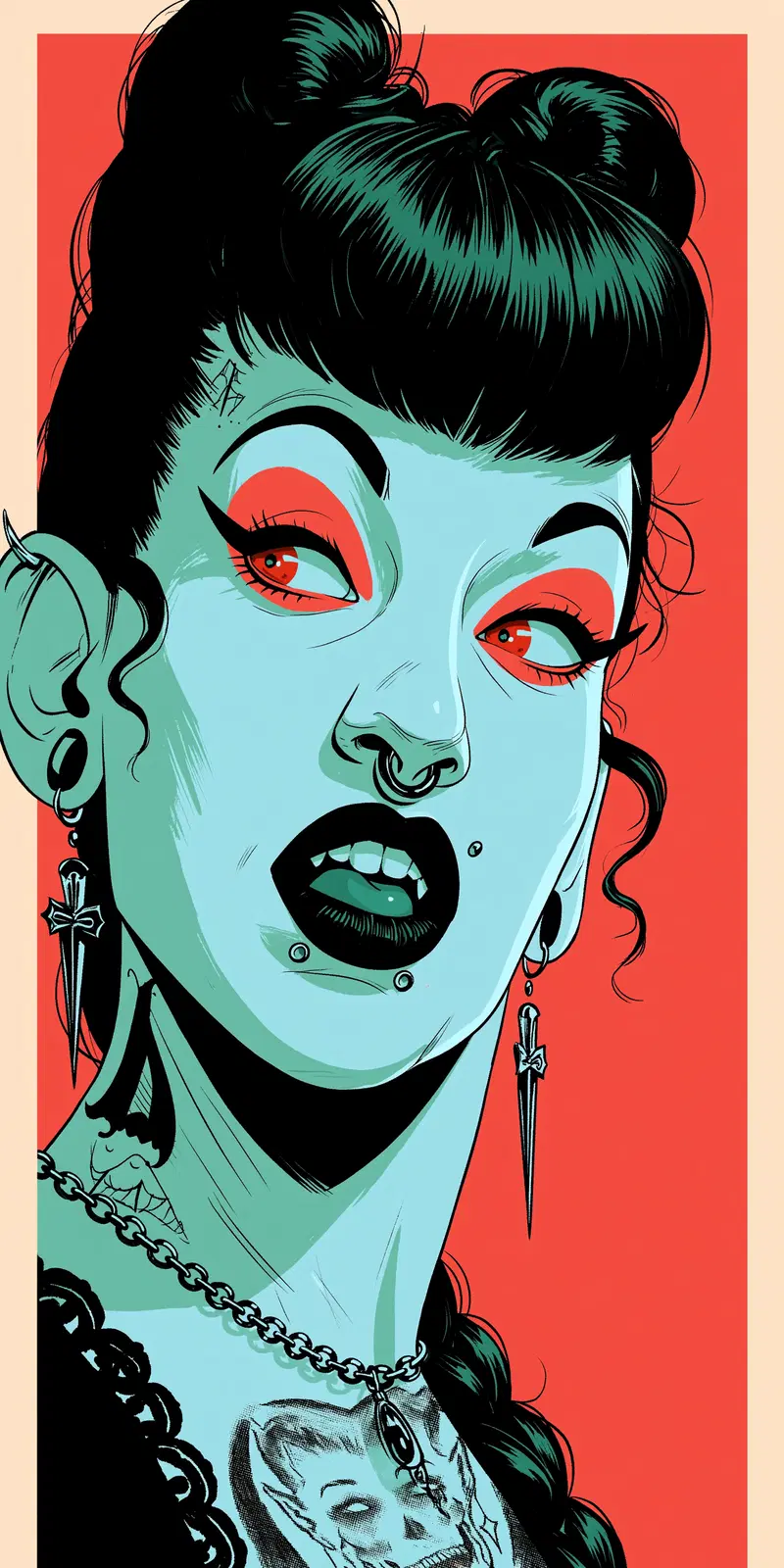 Stylish digital illustration of a punk woman with piercing and tattoos