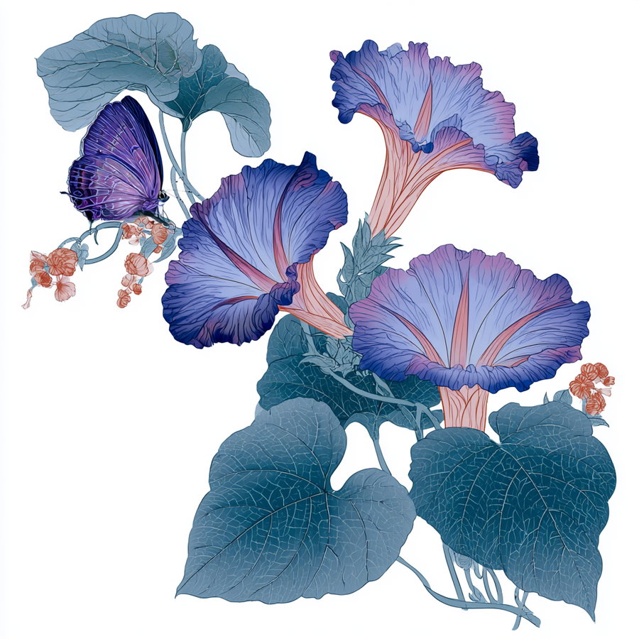 Illustration showing three large trumpet-shaped purple and blue flowers with pink veins, big dark blue leaves and a purple butterfly perched on a small cluster of orange flowers.