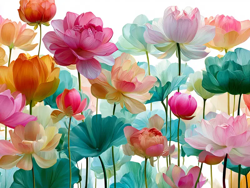 Vibrant and detailed digital painting of various blooming flowers with teal leaves