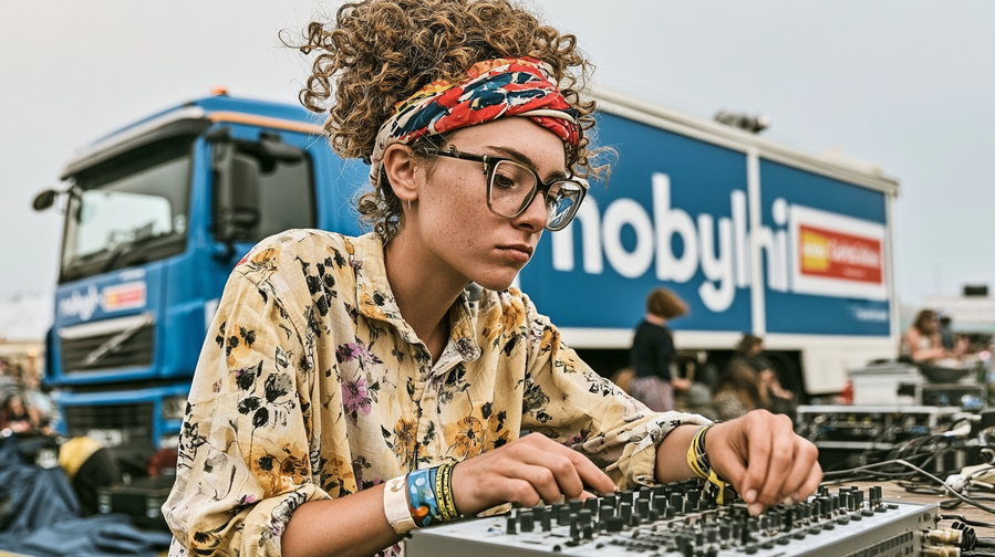 Young woman with curly hair tied with a colorful headband, wearing glasses and a floral shirt, adjusting knobs on a sound mixer with a blue truck and people in the background.
