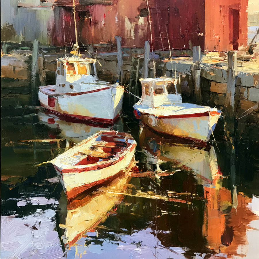Oil painting depicting three white boats tied to a wooden pier with their reflections visible in the still water, surrounded by wooden structures and warm sunlight