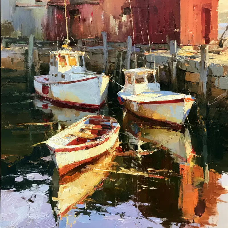 Impressionist painting of small boats docked by a wooden pier in calm waters