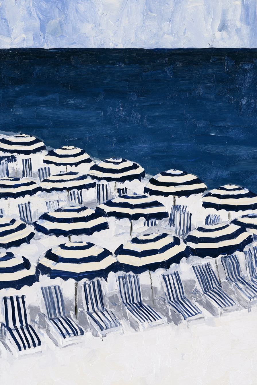 Painting of a beach with black and white striped umbrellas and matching lounge chairs next to a dark blue sea under a light blue sky