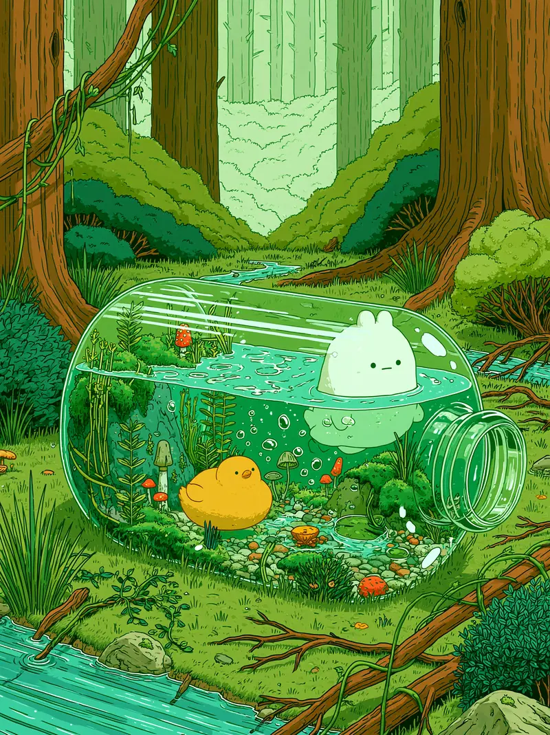 Whimsical forest scene with a large glass bottle containing water, plants, and cute creatures