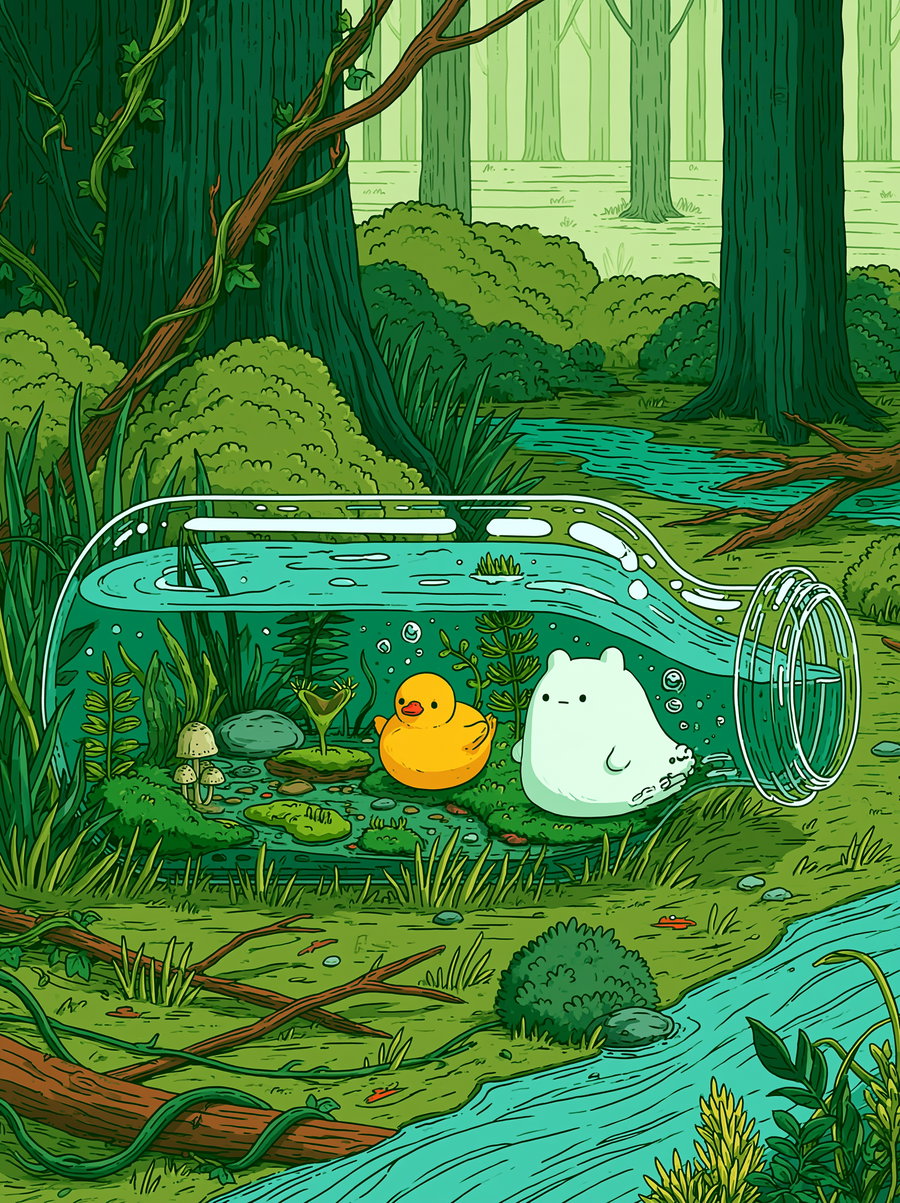 A cartoon-style forest with trees, bushes, and a small stream, featuring a glass bottle lying on its side containing water, plants, mushrooms, a rubber duck, and a small white creature.