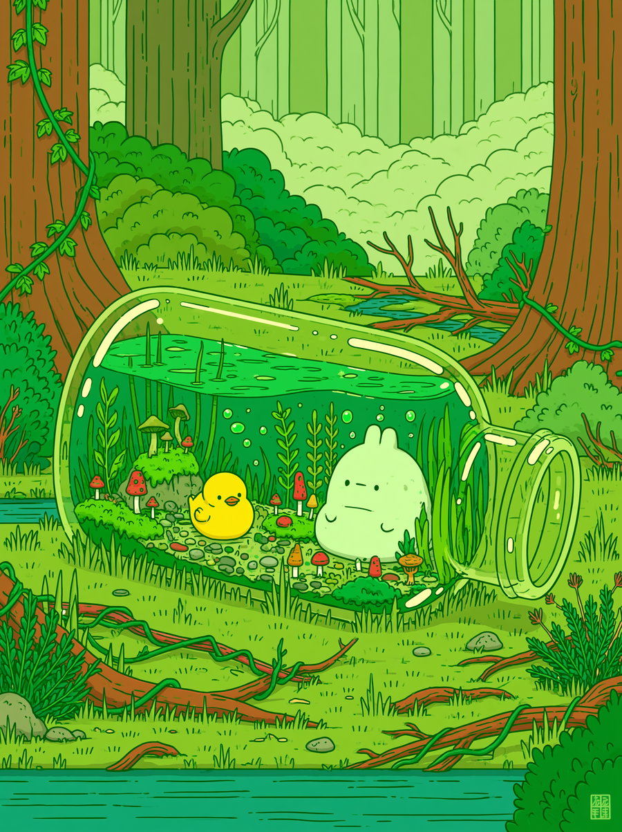 A colorful cartoon forest with large trees, bushes, and a stream. In the center is a large transparent glass bottle laying on its side containing a small ecosystem with plants, mushrooms, a yellow duck, and a small white creature. Surrounding forest is lush and green.