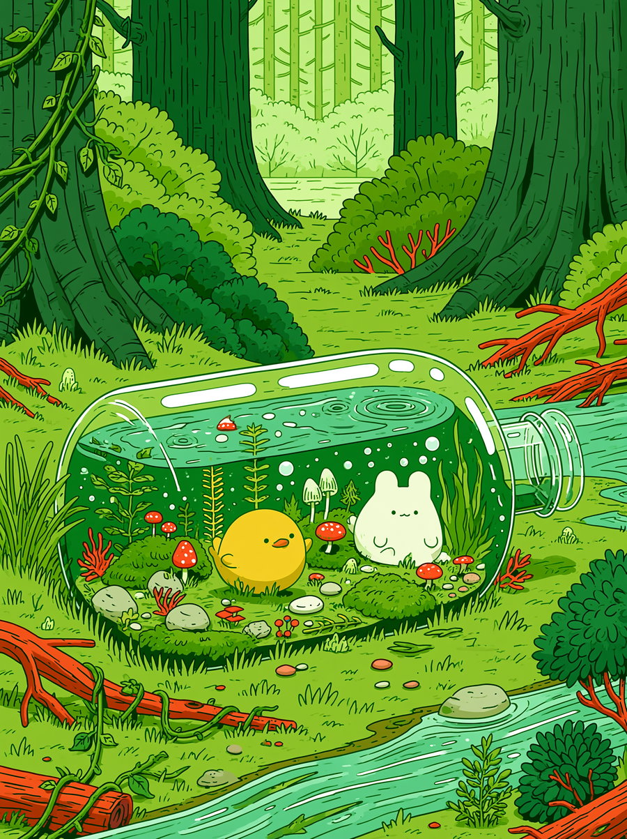 A vibrant green forest with large trees and bushes surrounds a clear glass bottle lying on its side, containing two cute cartoon creatures—one yellow and one white—alongside small plants, mushrooms, stones, and water ripples inside.