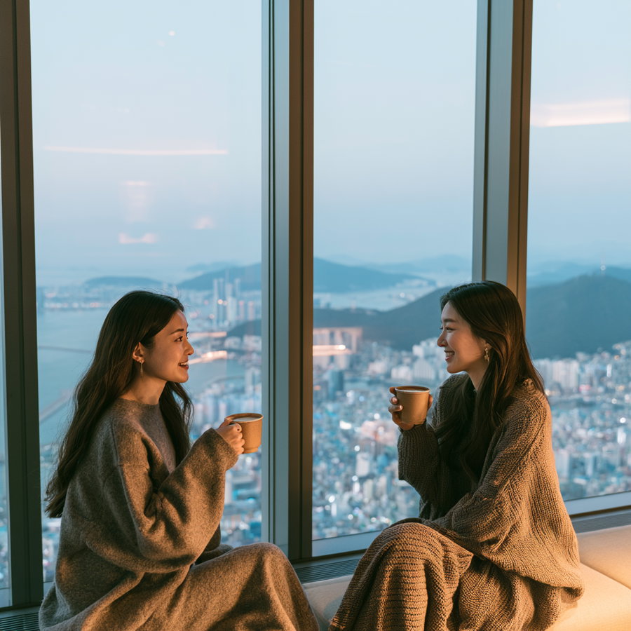 Two women sitting on a bench by a large window, both holding cups, dressed in cozy sweaters, with a cityscape and mountains visible outside the window