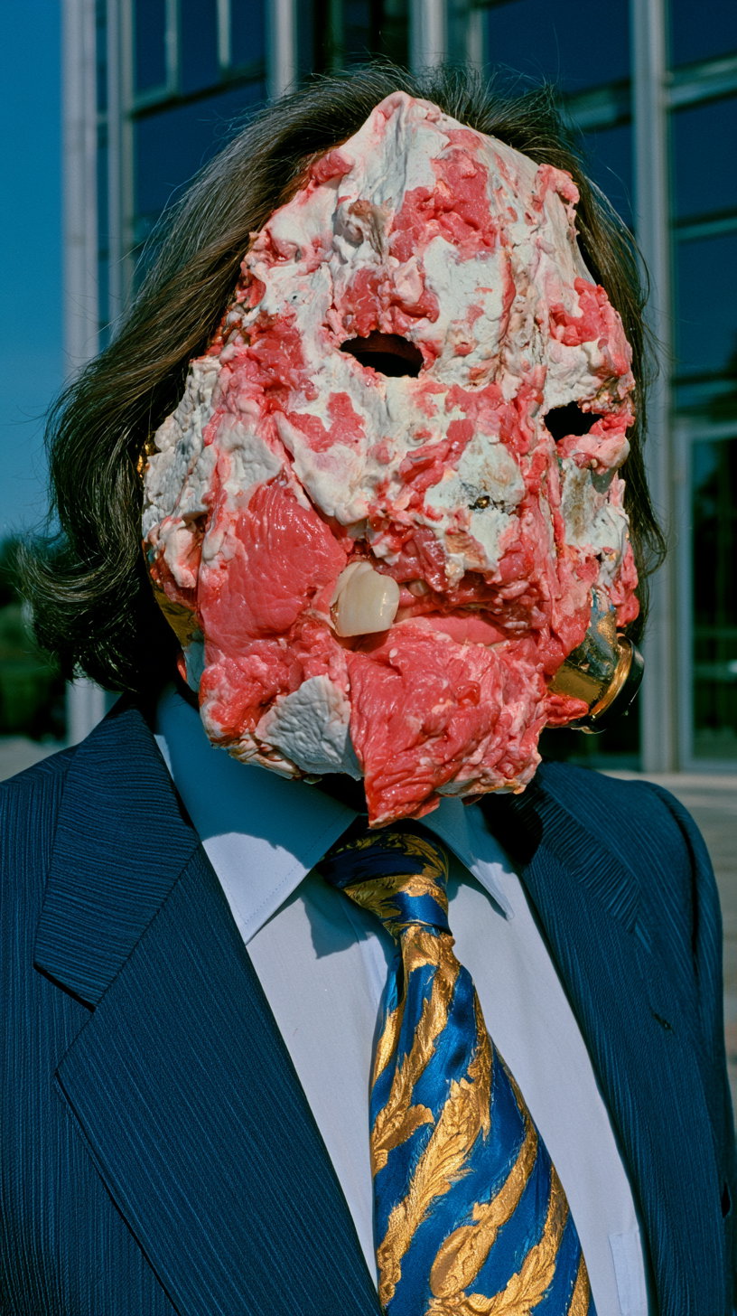 Close-up of a person outdoors wearing a dark blue pinstripe suit, light blue shirt, and colorful ornate tie, with a grotesque mask made of raw flesh and teeth covering their face, showing eye holes and an open mouth area