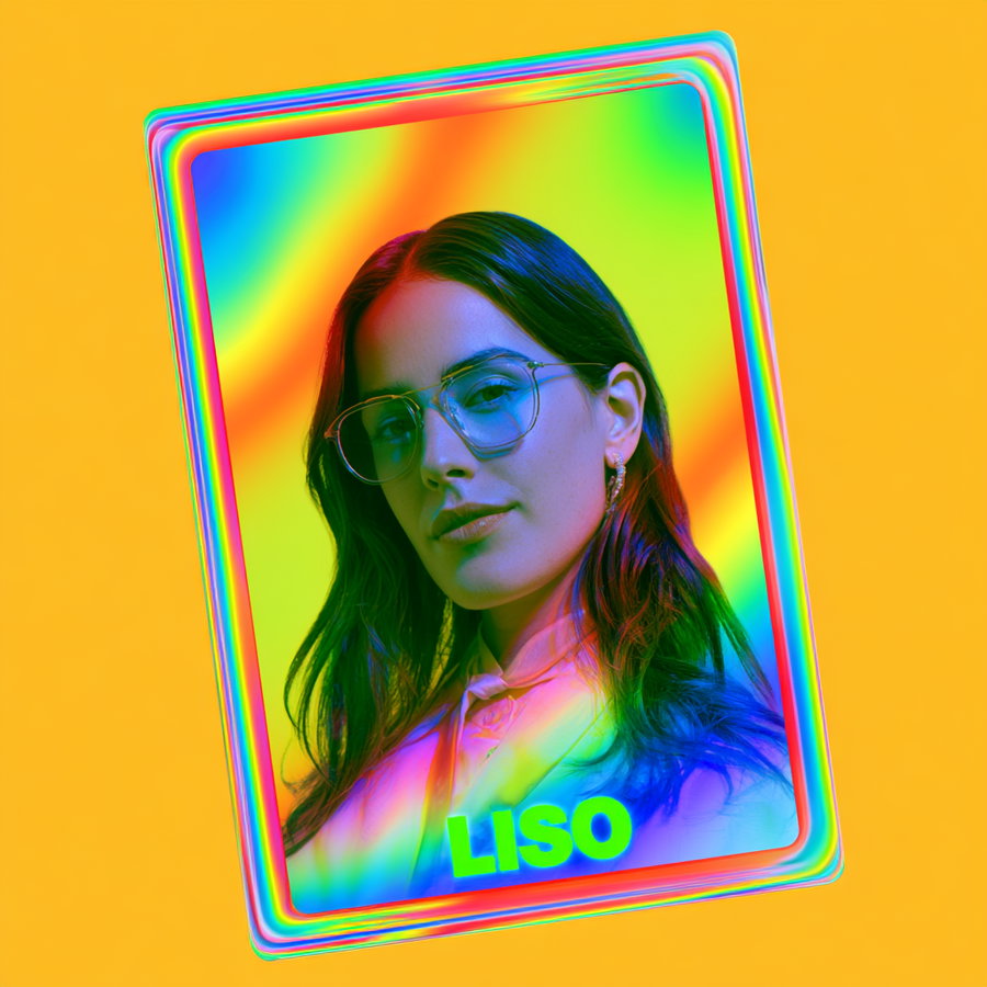 A woman with dark hair and glasses wearing earrings and a light-colored shirt, her portrait surrounded by a vivid rainbow-colored frame on a yellow background, with the name LISO at the bottom