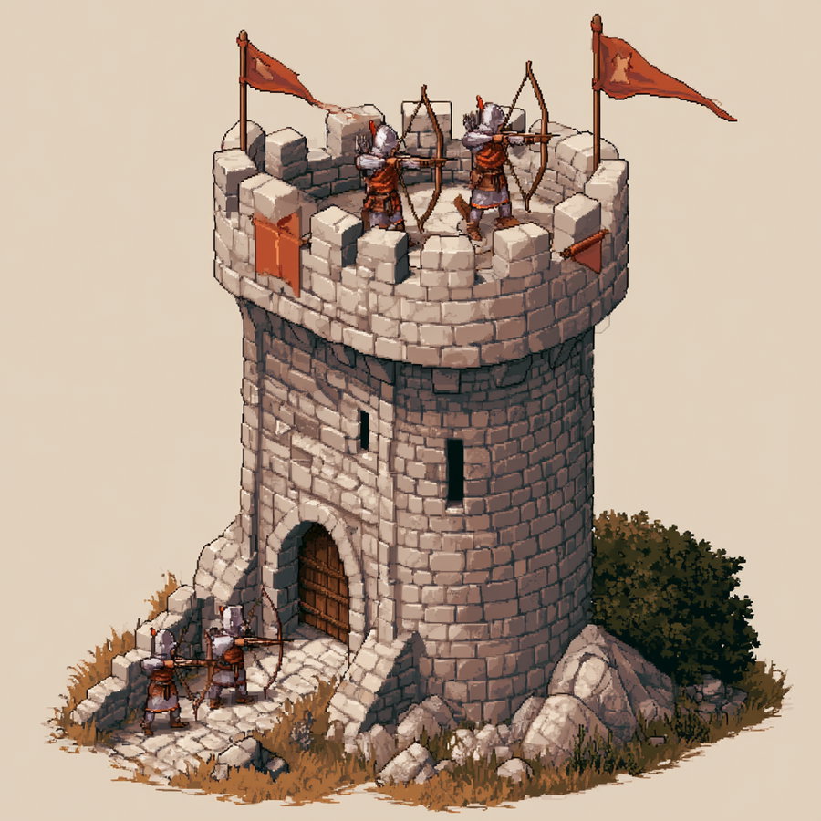 A detailed pixel art illustration of a medieval stone watchtower with crenellations, four archers poised with bows—two on the ground and two on the tower platform—red flags flying, surrounded by rocks, grass, and shrubs