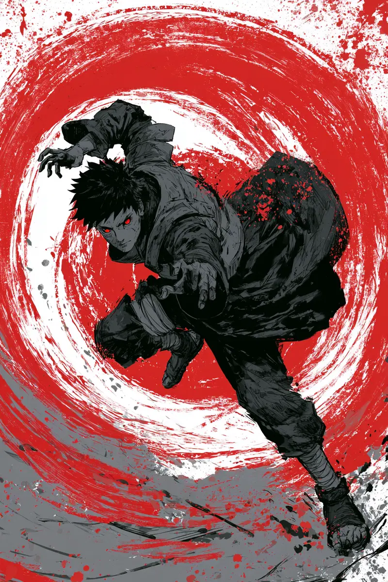 Dynamic Dark Fantasy Character in Action with Intense Red Splash Background