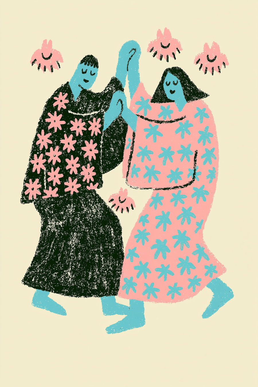 Abstract drawing of two blue-skinned figures dancing, wearing flower-patterned clothes in pink and black, with closed eyes and simple facial features on a light beige background.