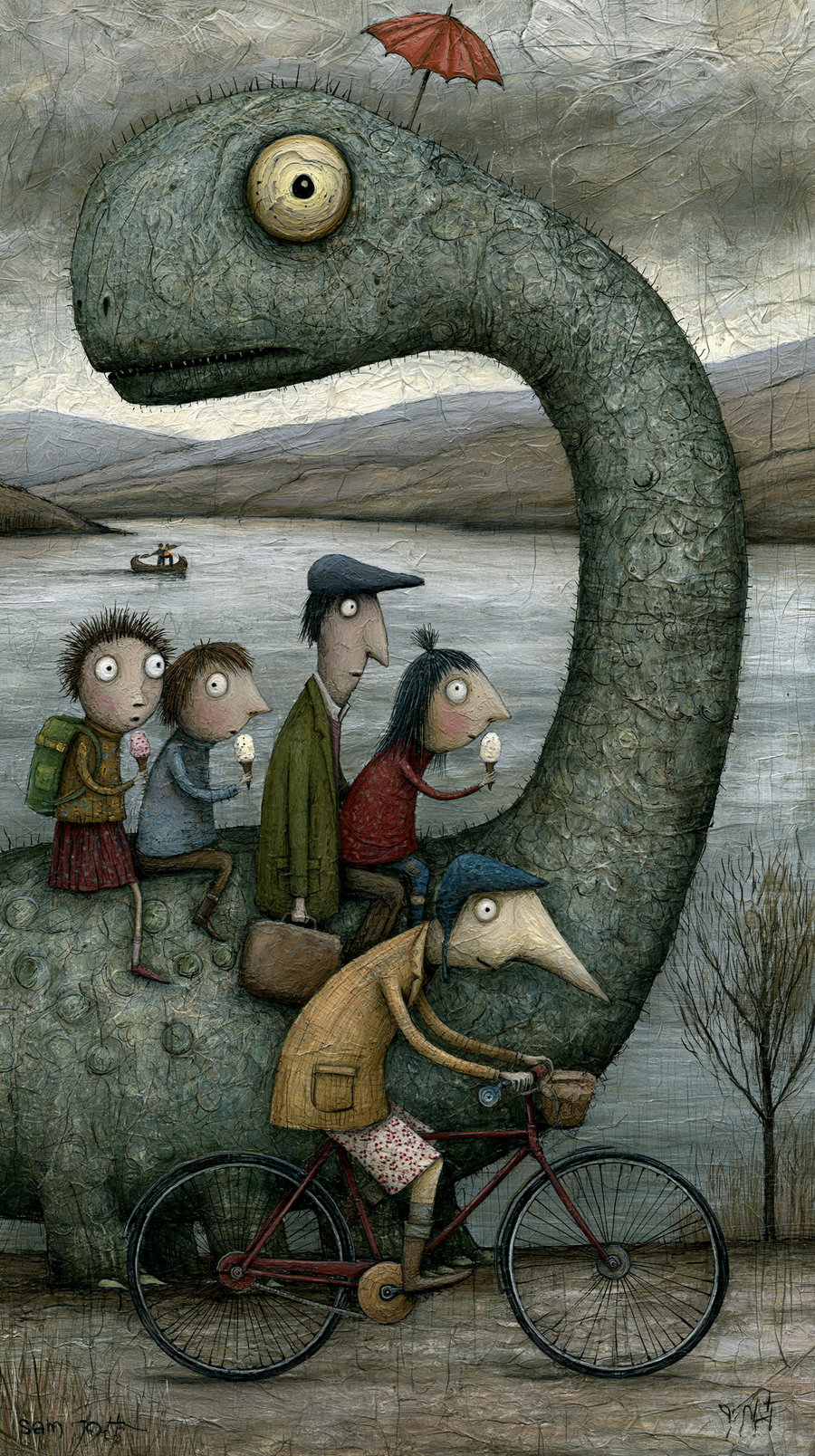 A surreal painting depicting five cartoonish people, some holding ice cream, riding on a large gray dinosaur with a long neck and a small red umbrella on its head, with a lake, hills, and a boat in the background, and one person riding a bicycle in front.