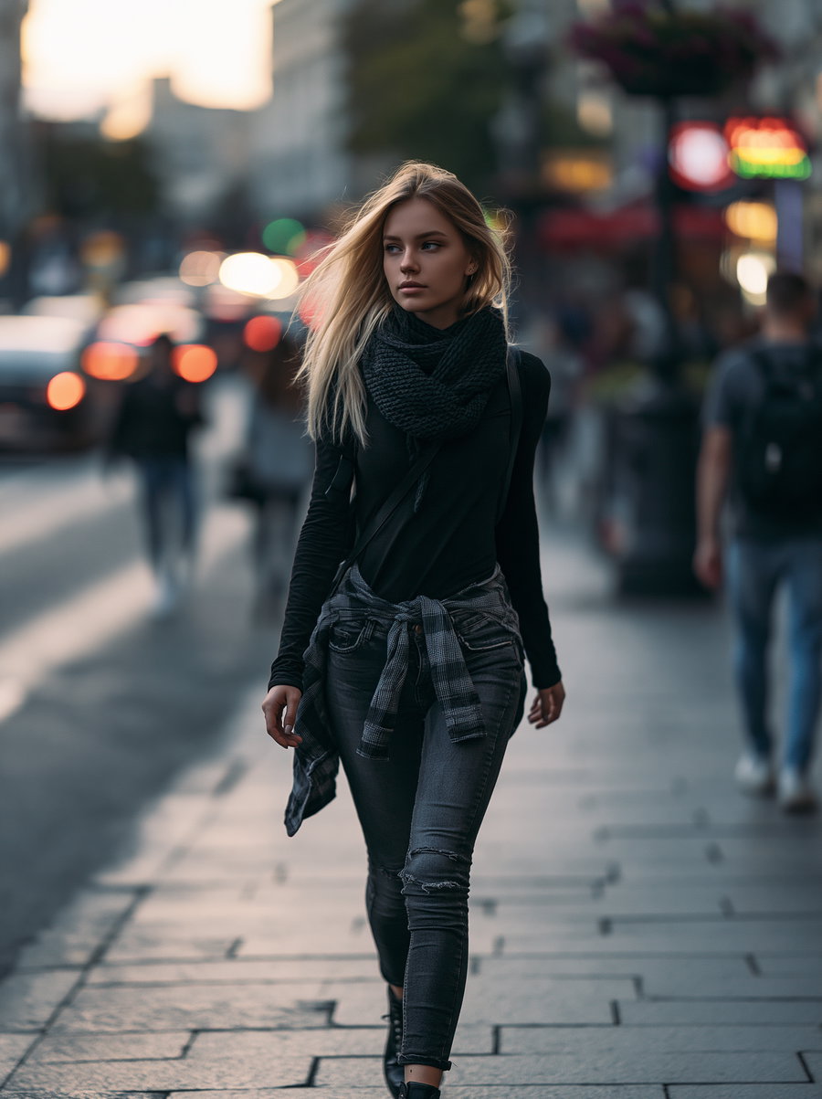 A young blonde woman wearing a black scarf, black top, gray ripped jeans, and a plaid shirt tied around her waist walks along a city sidewalk with blurred lights and people in the background.