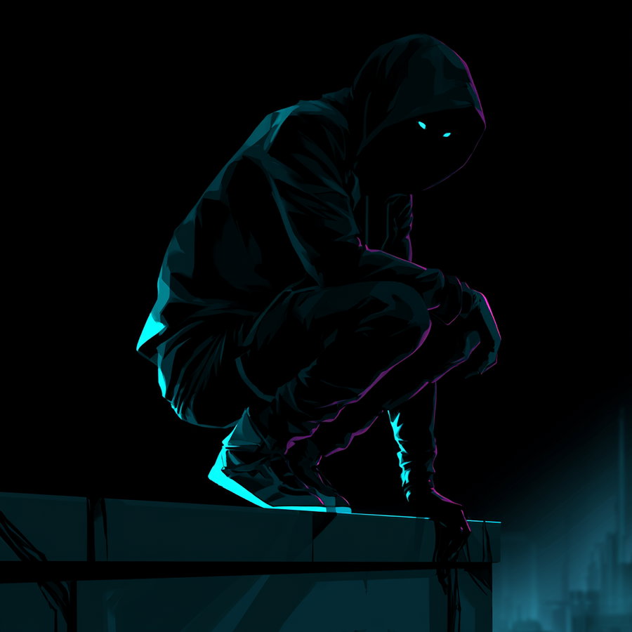 Digital artwork of a mysterious figure wearing a hooded jacket, crouching on a ledge with glowing blue eyes visible in the darkness, against a black background and faint cityscape lights