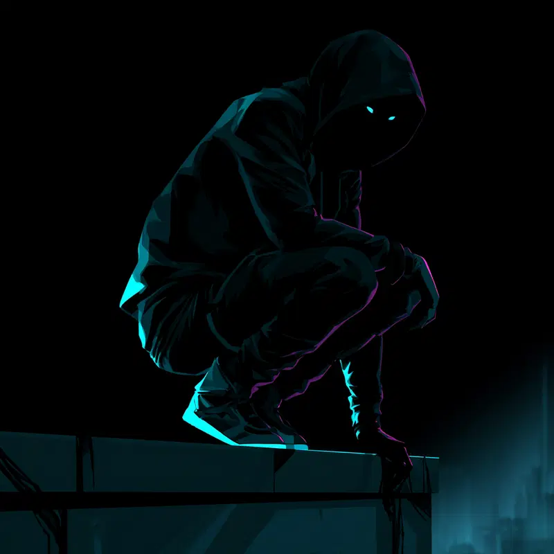 Shadowy hooded figure crouching on ledge with glowing eyes in dark city