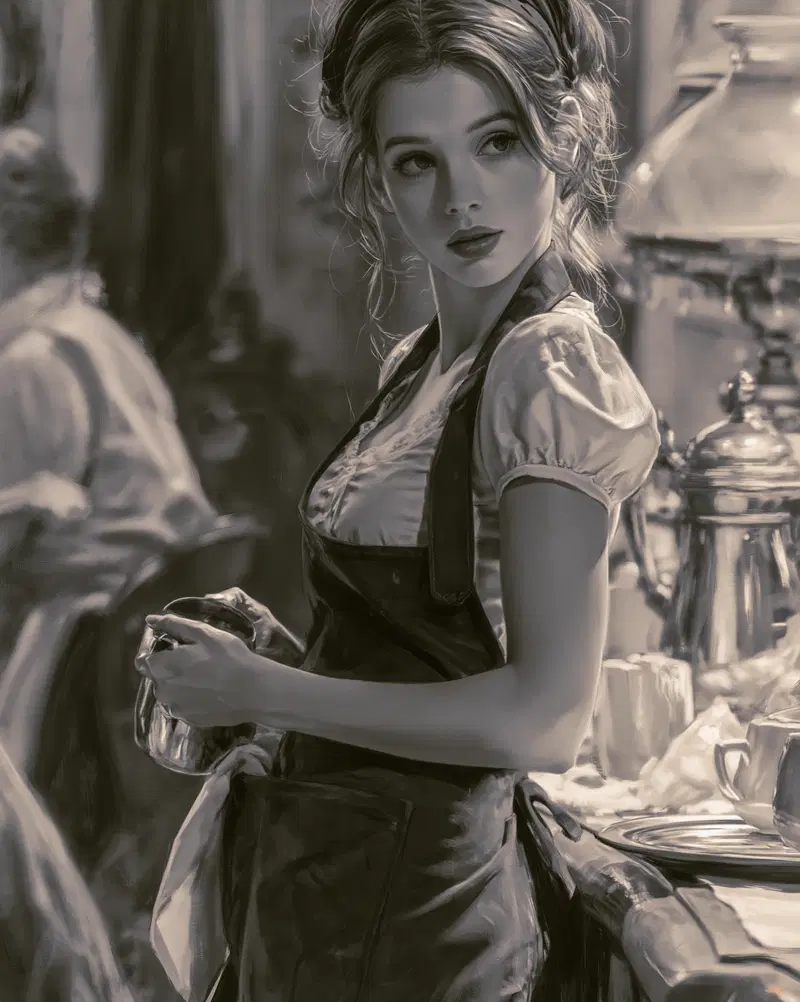 Portrait of a woman in vintage attire holding kitchenware in a cafe