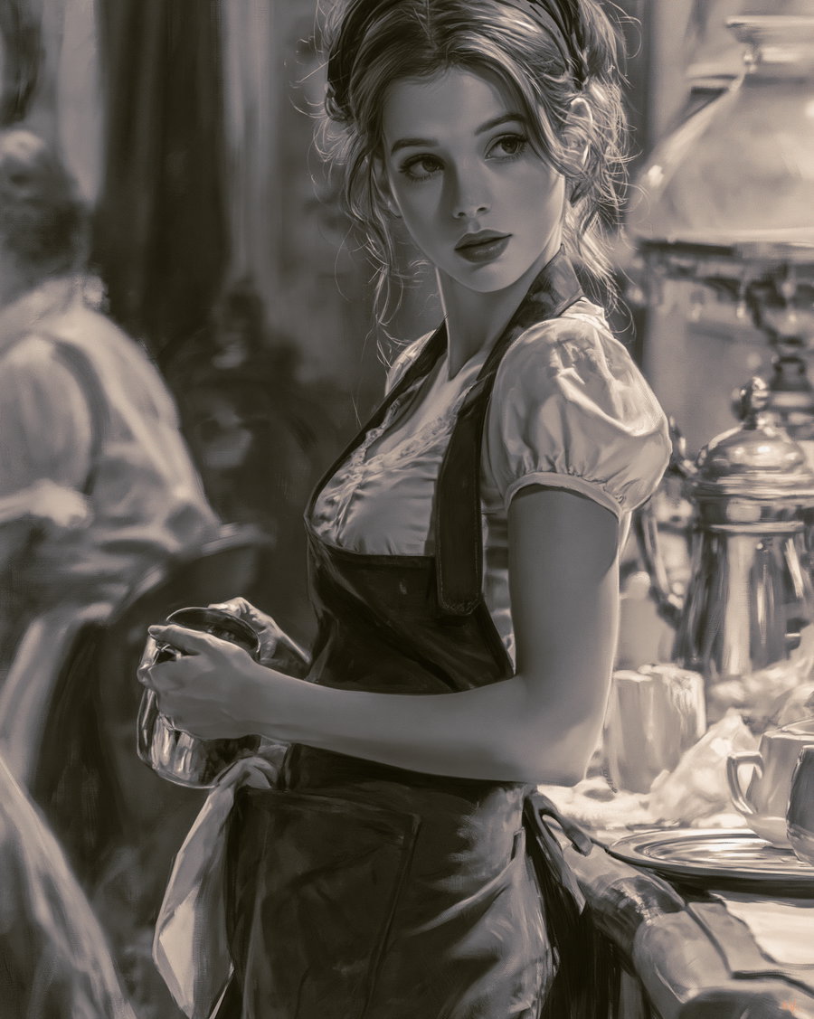 Monochrome artistic image of a young woman wearing a white blouse and black apron, standing in a vintage kitchen or cafe environment, holding a metal teapot or pitcher, with blurred background elements including another person and kitchen utensils.