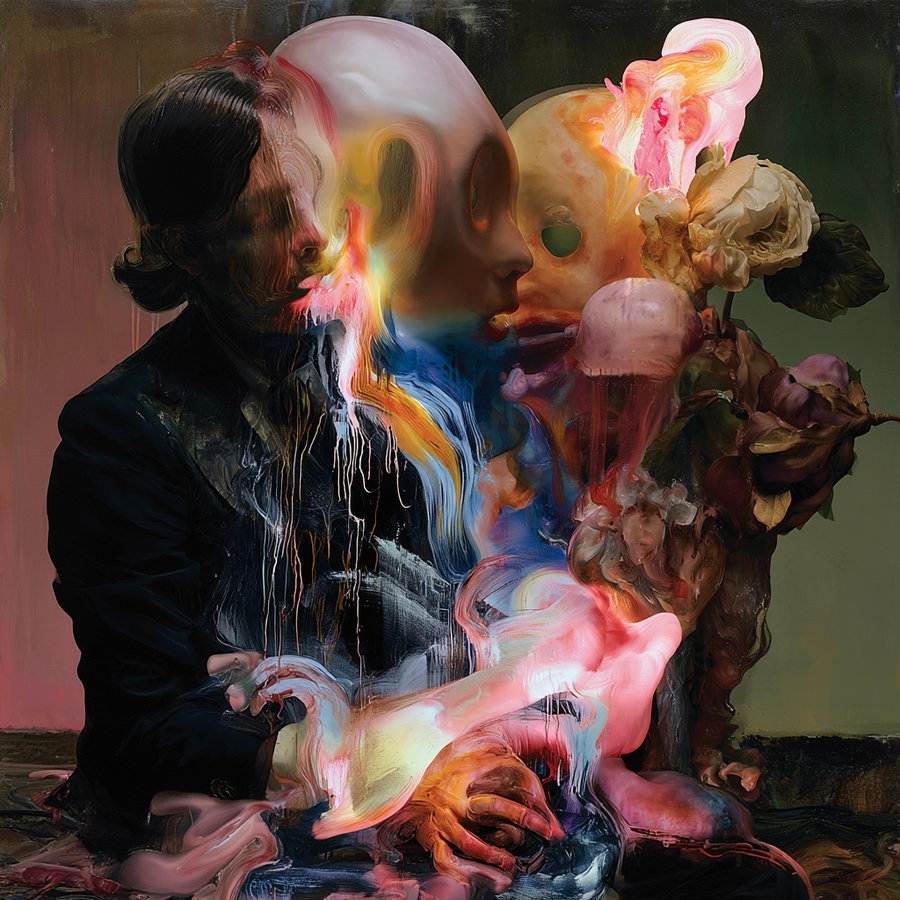 Digital surreal art showing a dark-haired man in a suit blending with abstract multicolored distorted faces, hands, and flowers with swirling paint-like texture.