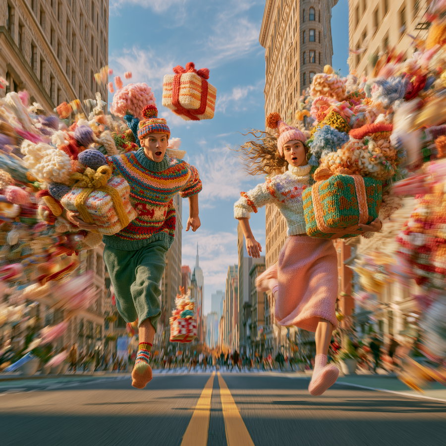 A man and a woman dressed in colorful knitted sweaters and hats running down a city street, each carrying large knitted gift boxes, surrounded by flying knitted decorations, with tall buildings and a blue sky in the background.