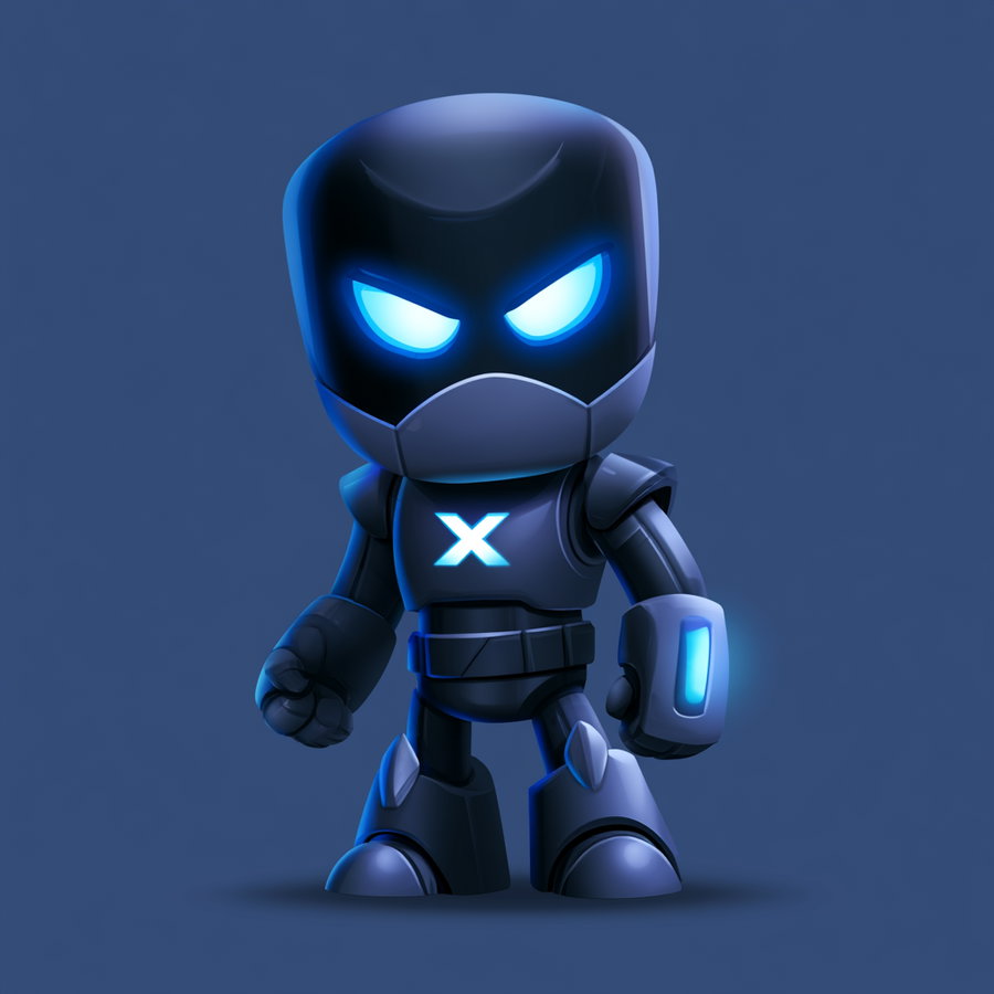 A small chibi-style robot figure with glowing blue eyes and a glowing X symbol on its chest, wearing black armor and standing against a blue background.