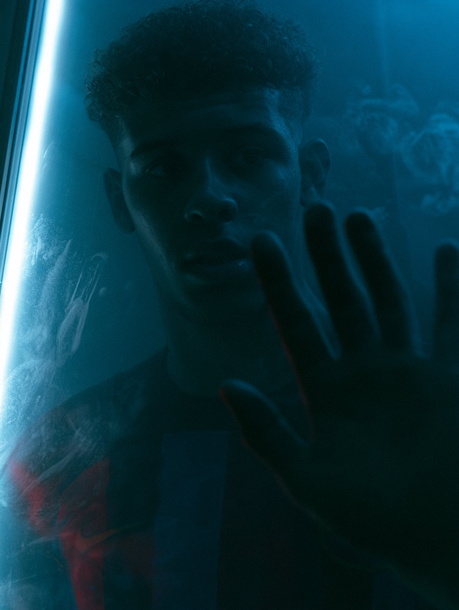 Close-up of a young man with curly hair pressing his hand against a glass pane, bathed in atmospheric blue lighting with soft shadows