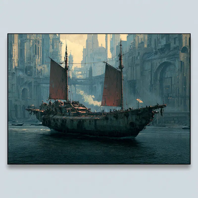 Ancient fantasy city with towering buildings and a large old sailing ship on water