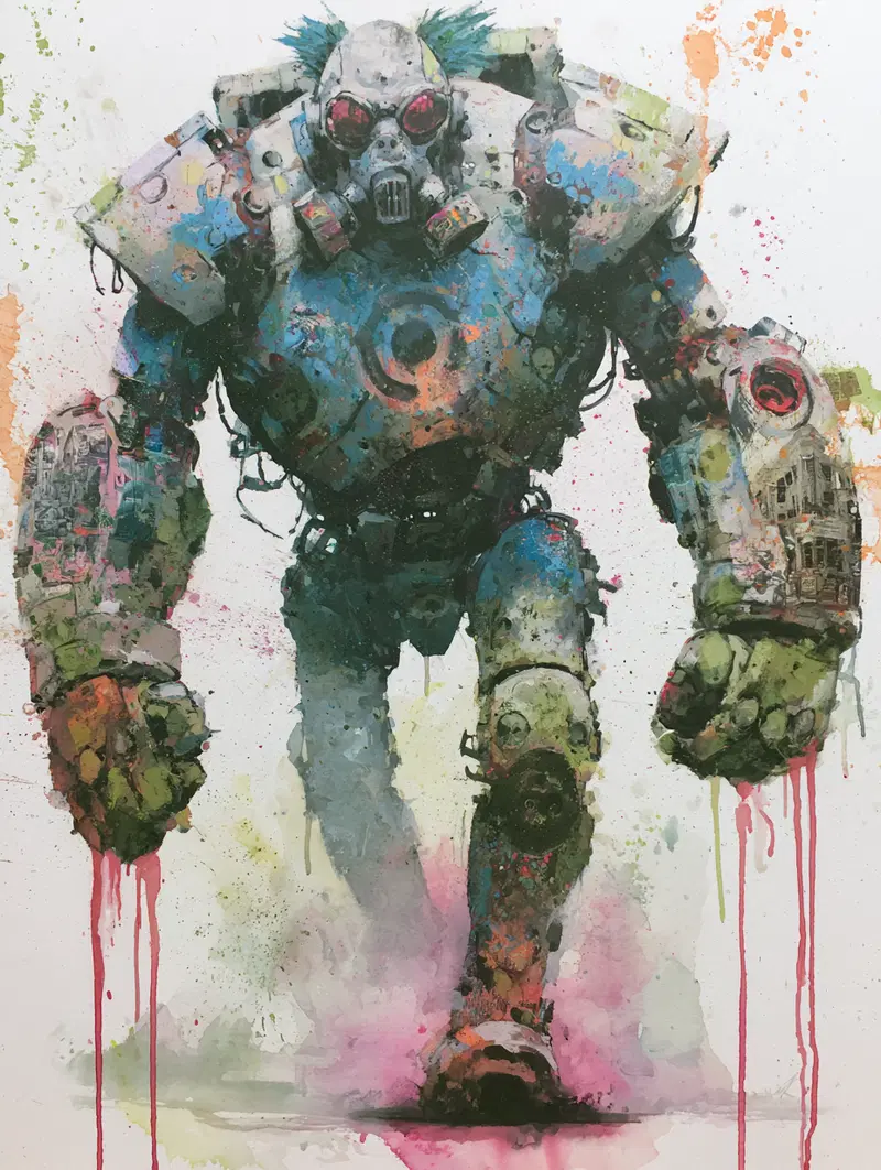 Colorful digital art of a robot in gas mask with large mechanical arms