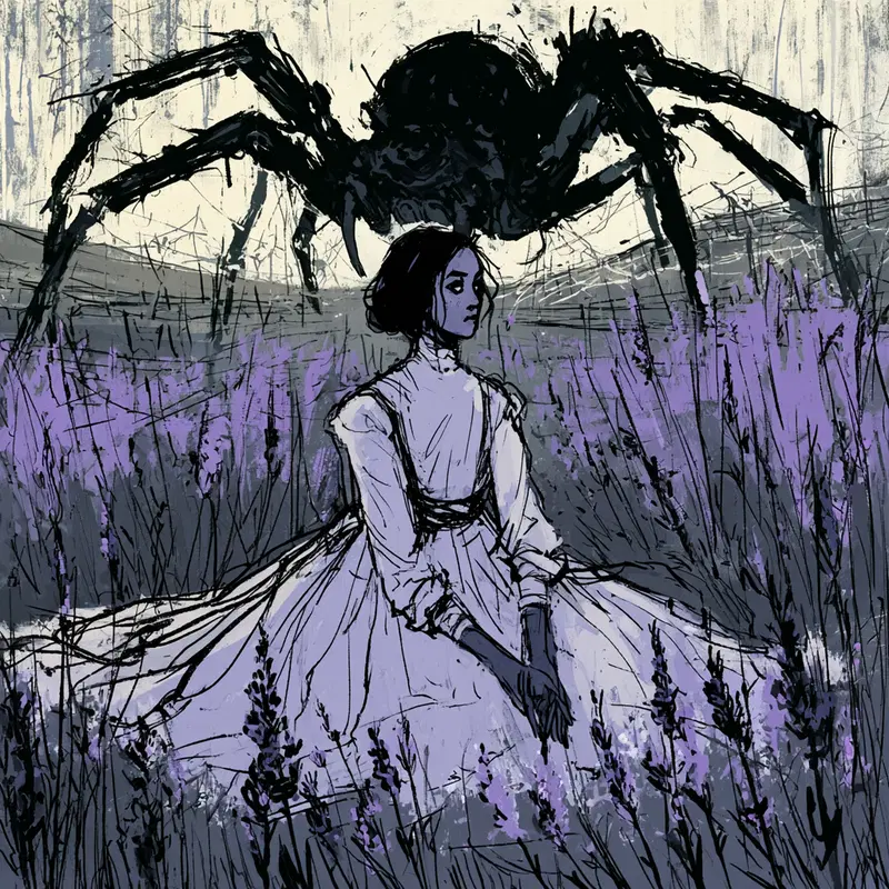 A woman in a white dress seated in a field with a large spider looming behind her