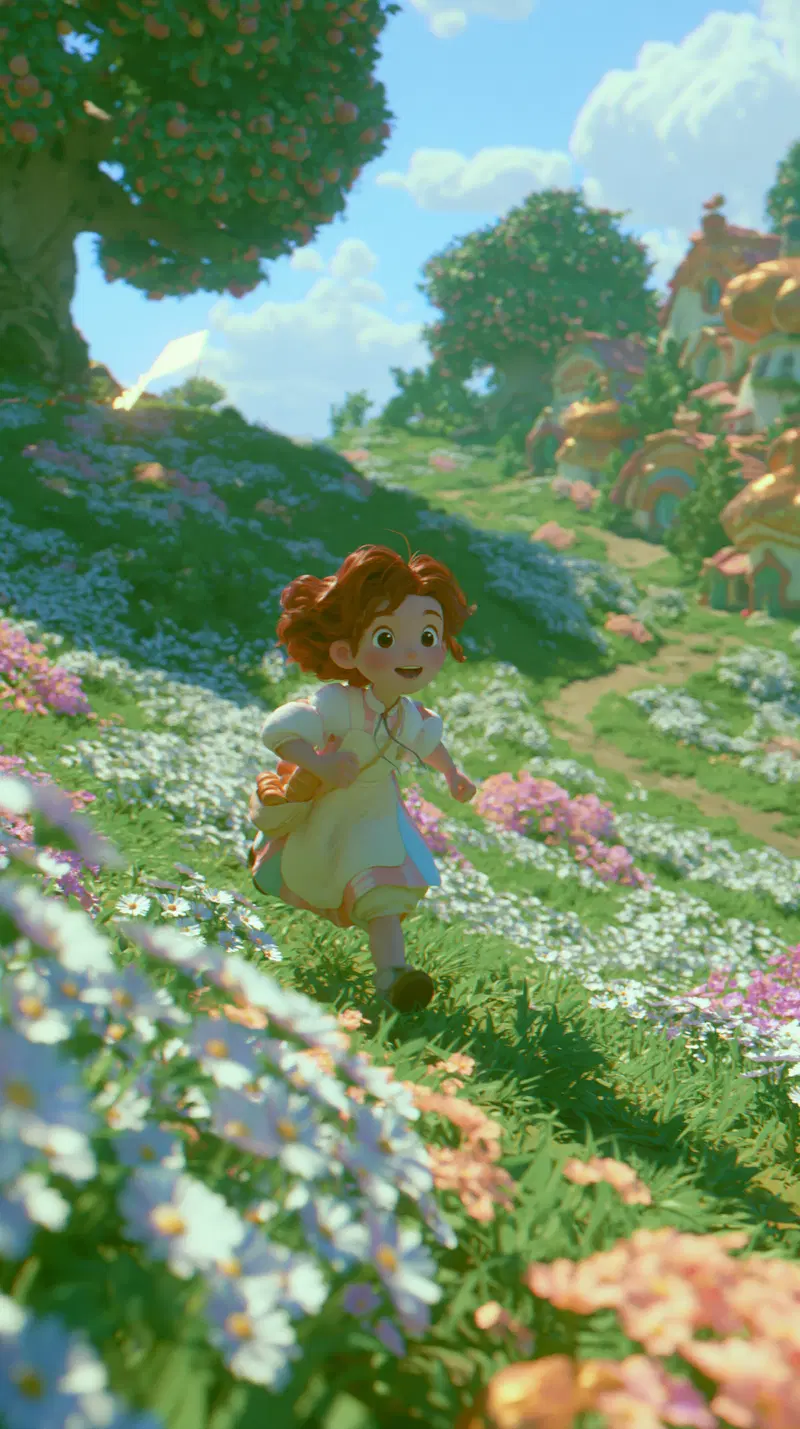 A joyful girl running through a vibrant meadow towards a whimsical village