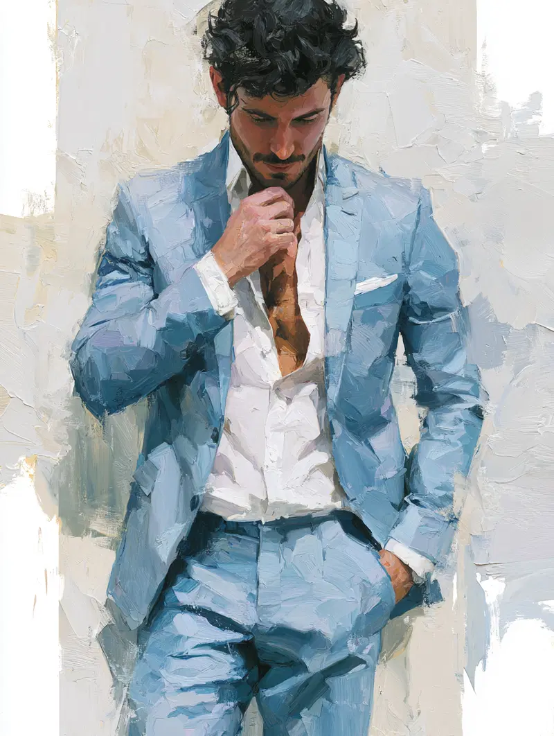 Painted portrait of a stylish man in a blue suit with a contemplative pose