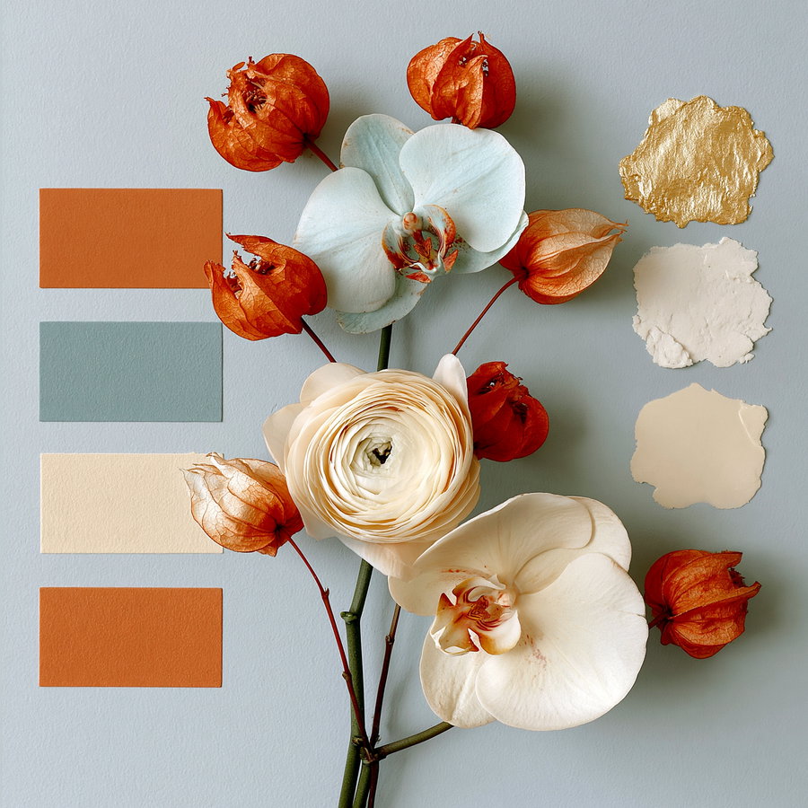 Arrangement of white and orange flowers with three orange and two blue color swatches and three paint blotches on a light blue surface